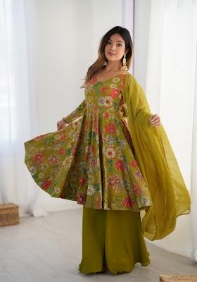 Olive Green Embroidered Chanderi Salwar Kameez With Dupatta