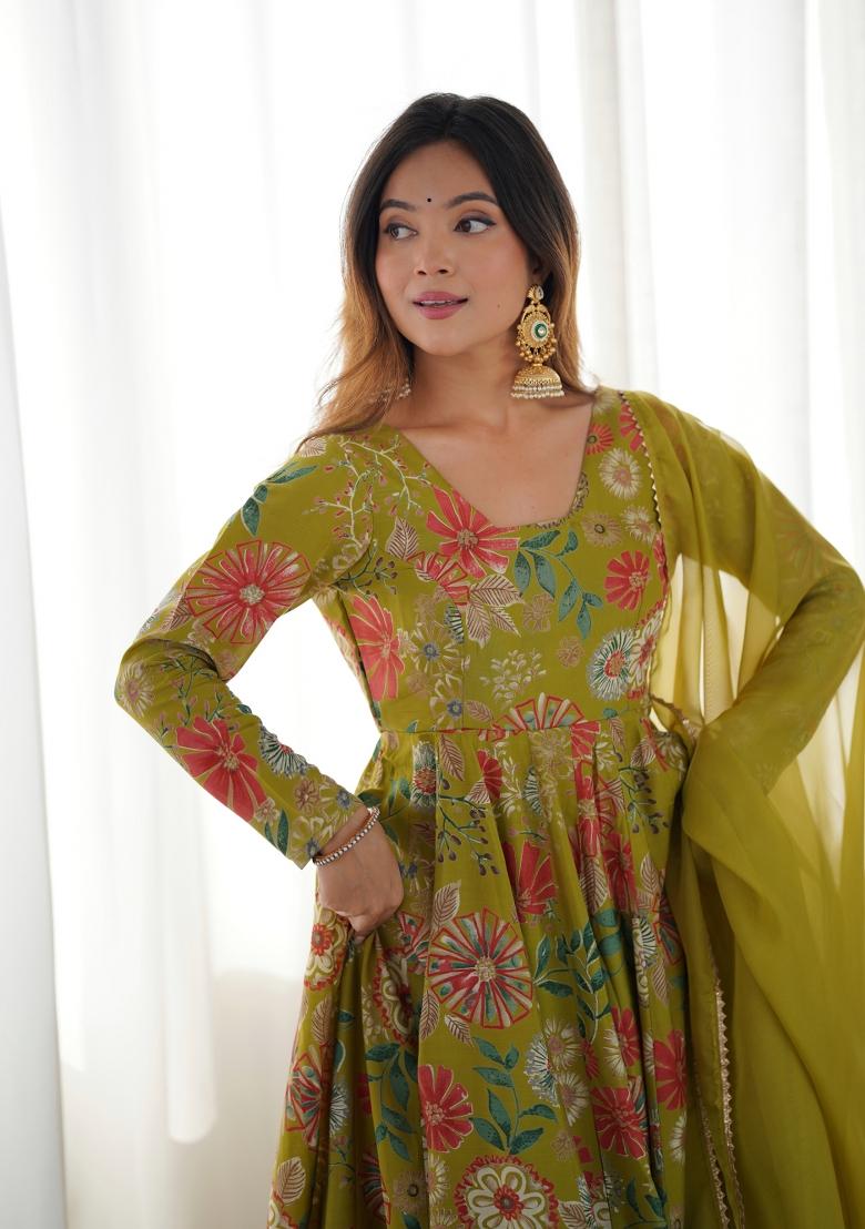 Olive Green Embroidered Chanderi Salwar Kameez With Dupatta