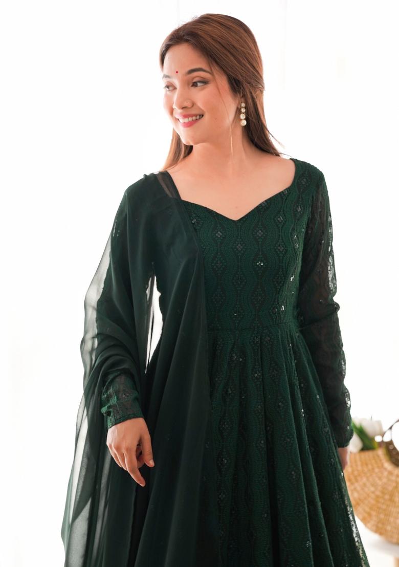 Dark Green Embroidered Georgette Salwar Kameez With Dupatta
