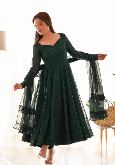 Dark Green Embroidered Georgette Salwar Kameez With Dupatta