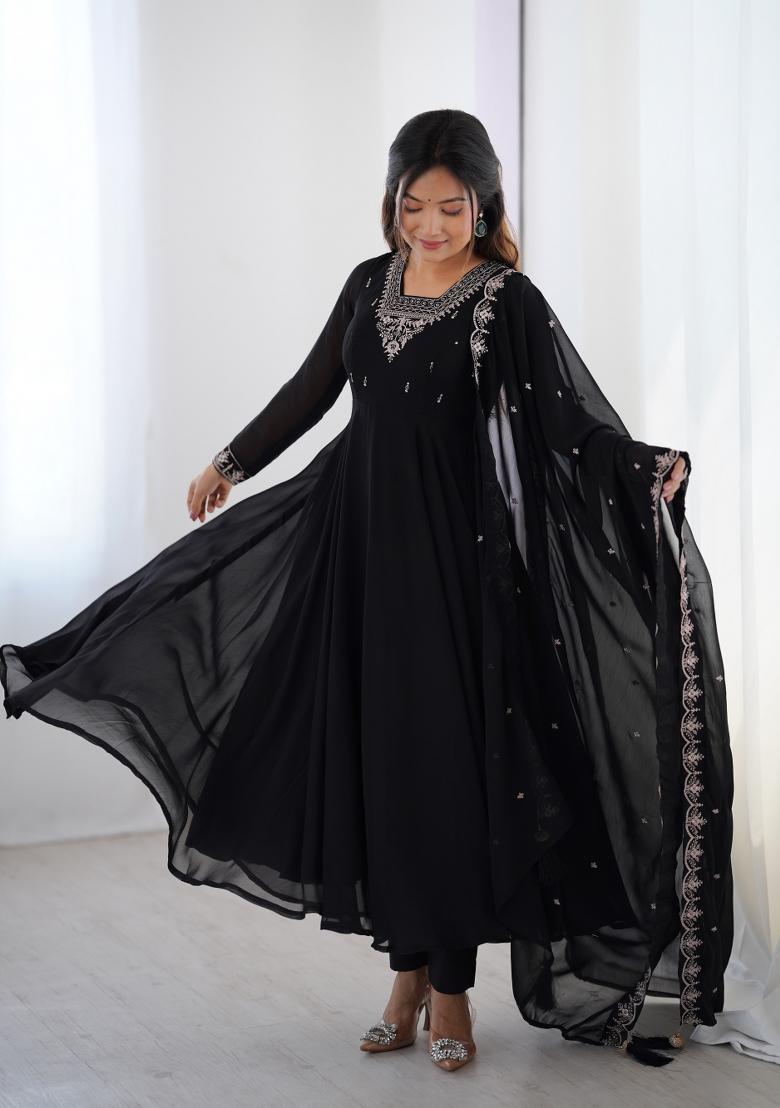 Black Embroidered Georgette Salwar Kameez With Dupatta