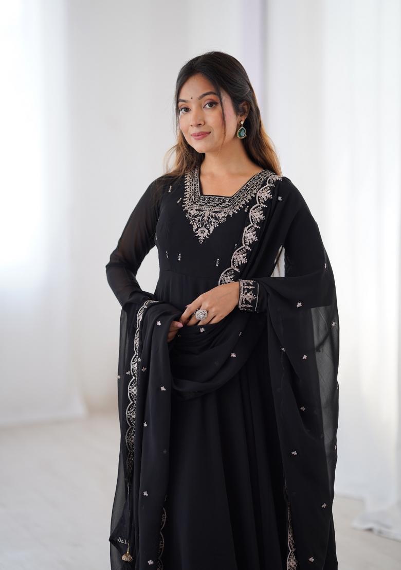 Black Embroidered Georgette Salwar Kameez With Dupatta