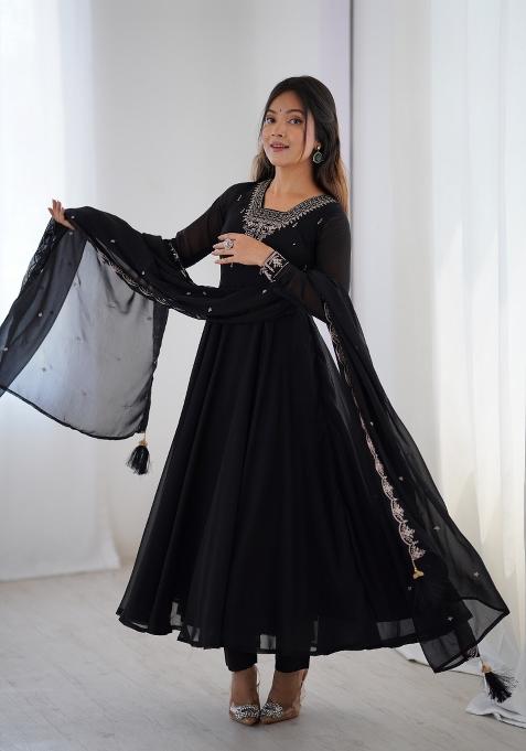 Black Embroidered Georgette Salwar Kameez With Dupatta