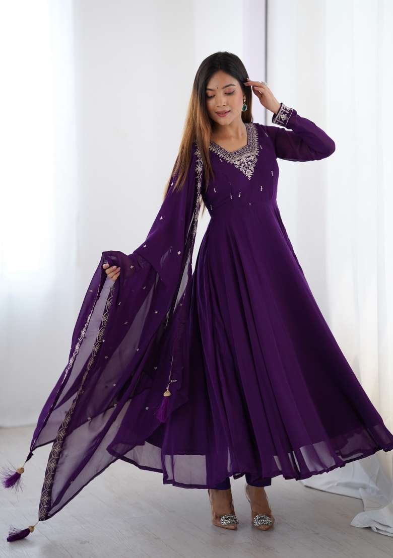 Purple Embroidered Georgette Anarkali Set - Indya