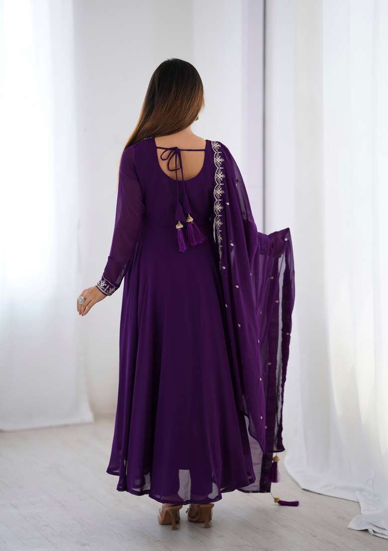 Purple Embroidered Georgette Anarkali Set - Indya