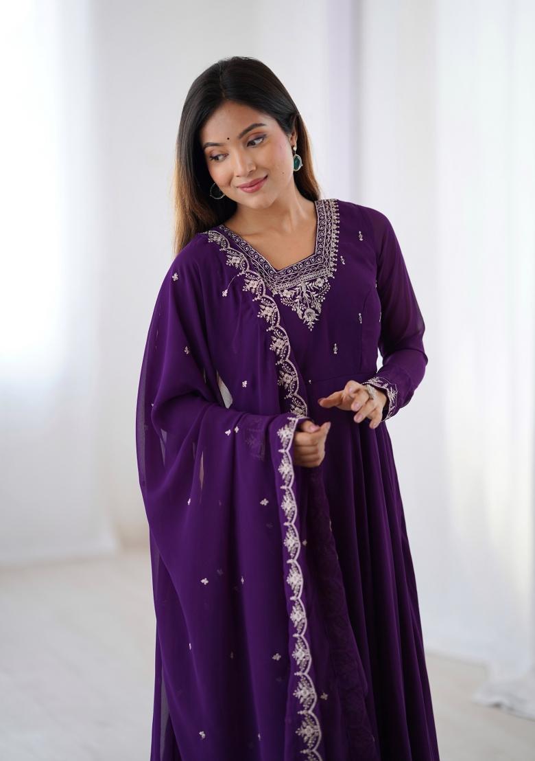 Purple Embroidered Georgette Salwar Kameez With Dupatta