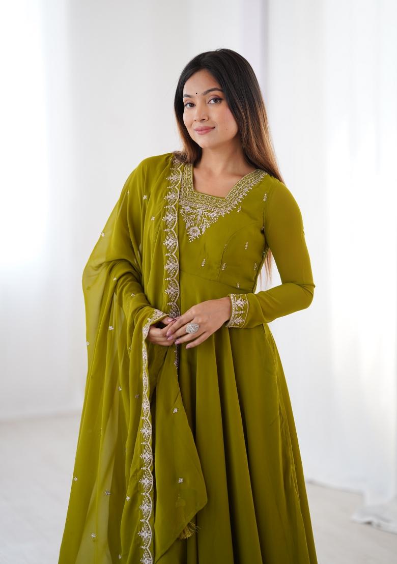 Olive Green Embroidered Georgette Salwar Kameez With Dupatta