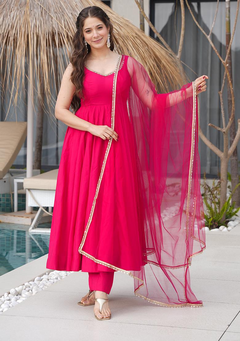 Pink Embroidered Chanderi Salwar Kameez With Dupatta
