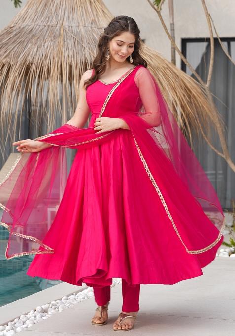 Pink Embroidered Chanderi Salwar Kameez With Dupatta