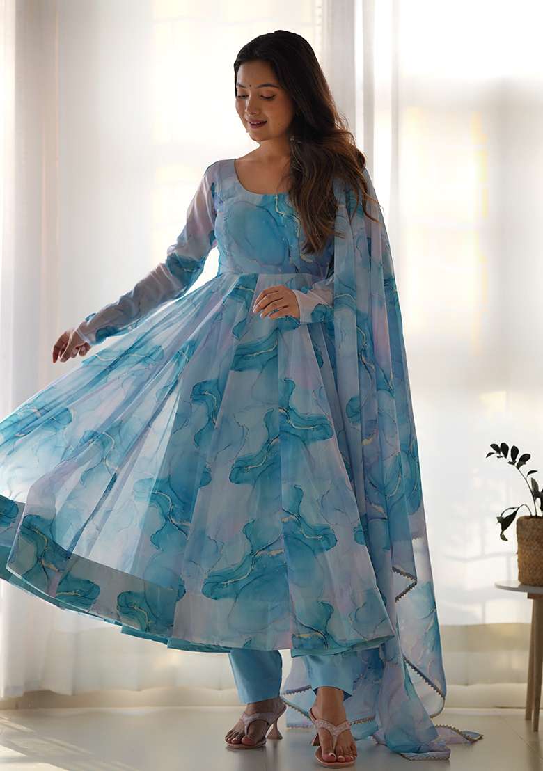 Sky Blue Floral Print Organza Anarkali Set - Indya