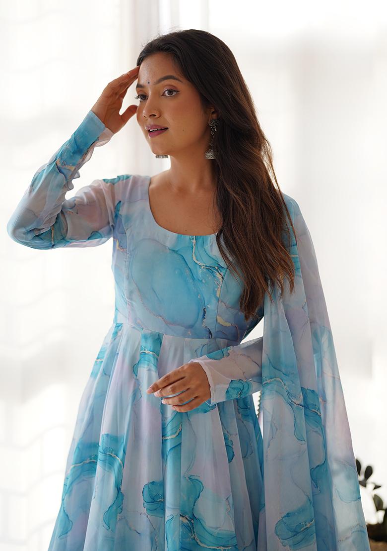 Sky Blue Embroidered Organza Salwar Kameez With Dupatta