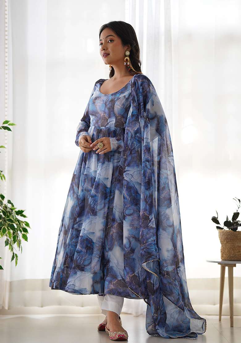 Navy Blue Printed Organza Anarkali Set - Indya