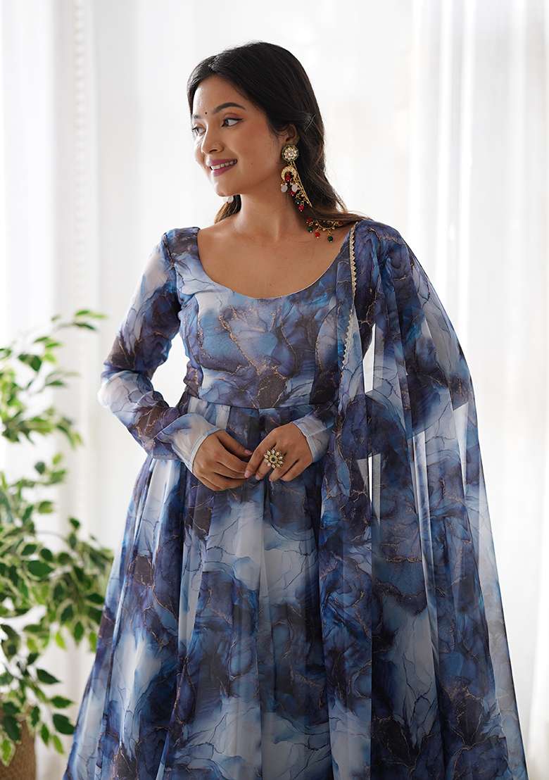 Navy Blue Printed Organza Anarkali Set - Indya