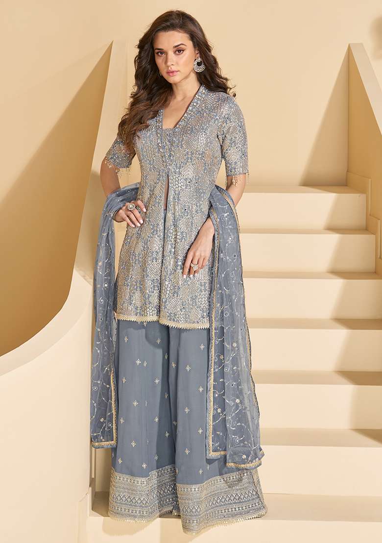 Grey Embroidered Georgette Salwar Kameez With Dupatta - Indya