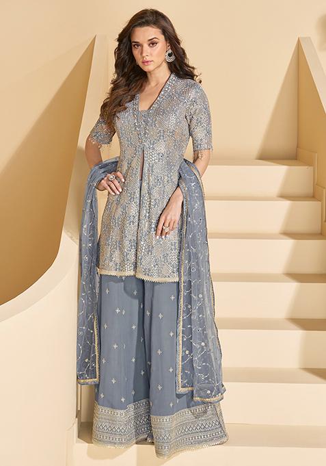 Grey Embroidered Georgette Salwar Kameez With Dupatta