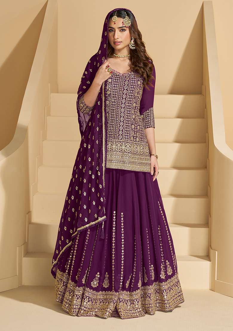 Purple Embroidered Georgette Salwar Kameez With Dupatta - Indya