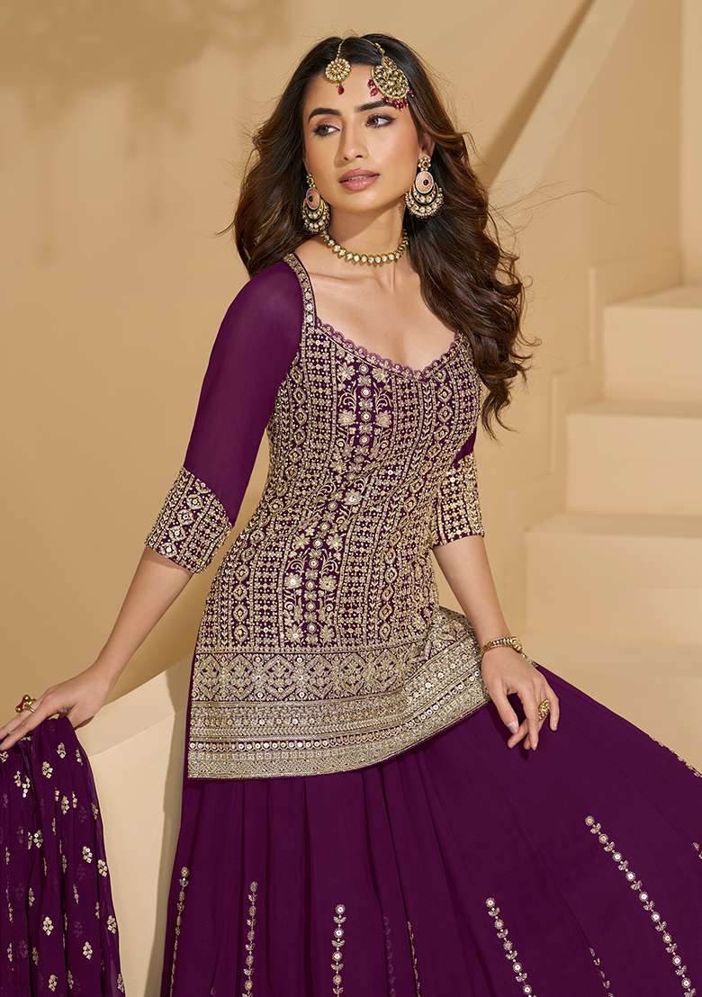Purple Embroidered Georgette Salwar Kameez With Dupatta - Indya