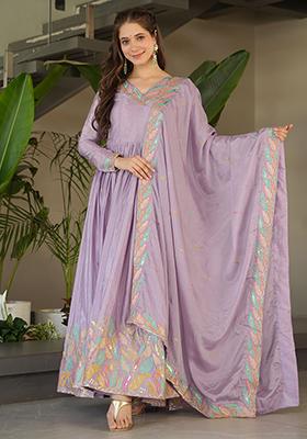 Purple Embroidered Chinon Anarkali Set