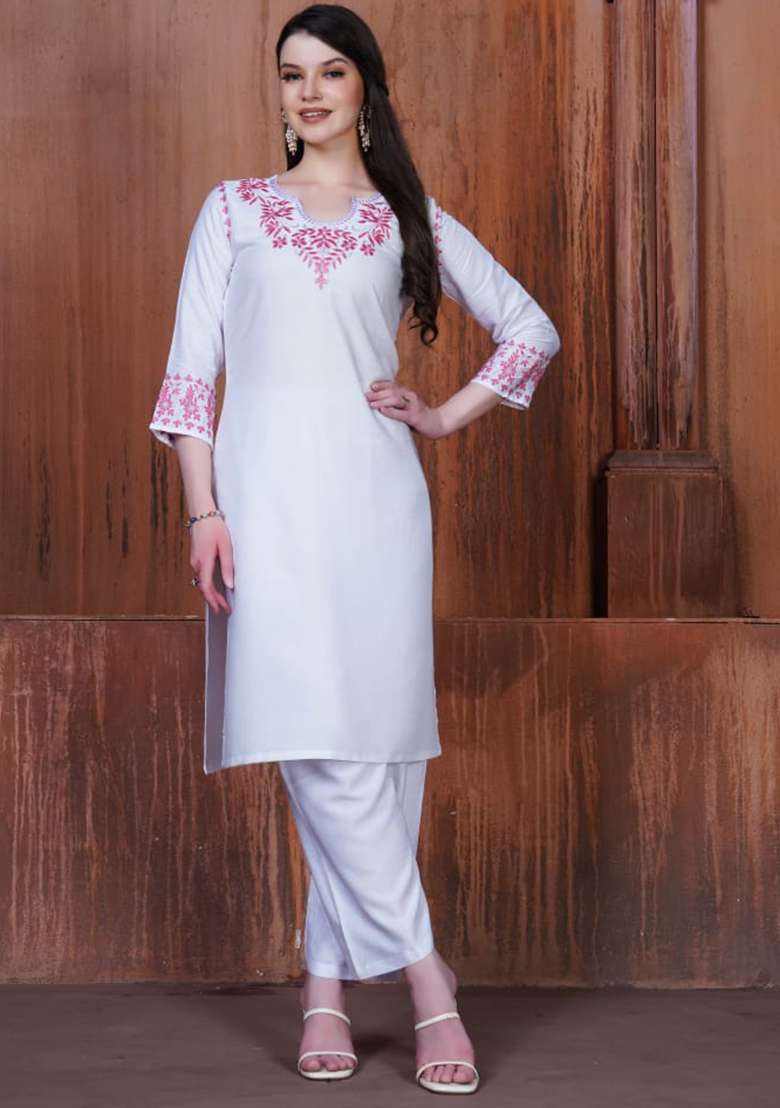 White Embroidered Rayon Anarkali With Dupatta - Indya