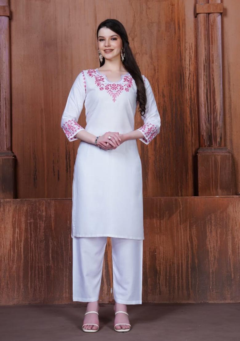 White Embroidered Rayon Anarkali Set With Dupatta