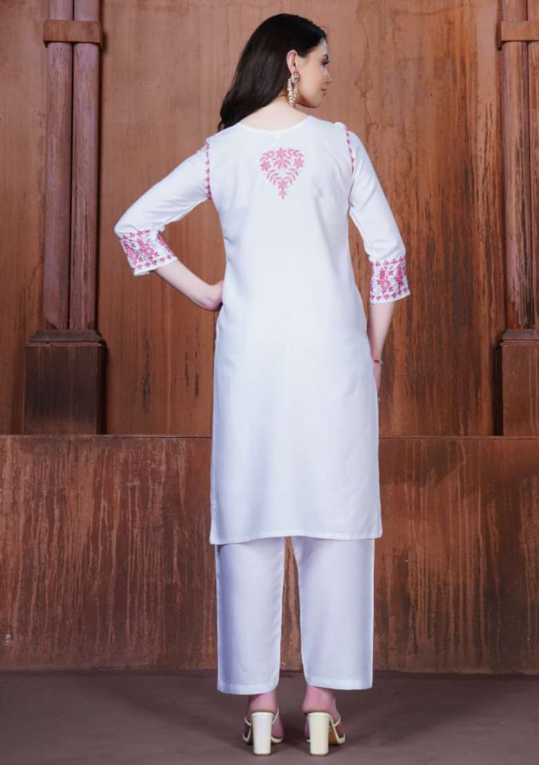 White Embroidered Rayon Anarkali With Dupatta - Indya
