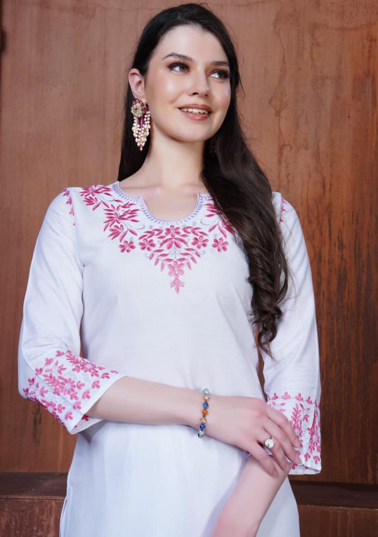 White Embroidered Rayon Anarkali Set With Dupatta