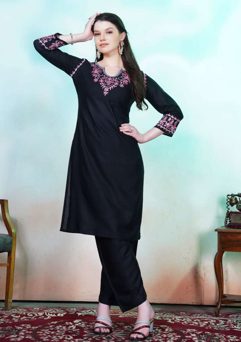 Black Embroidered Rayon Anarkali With Dupatta - Indya