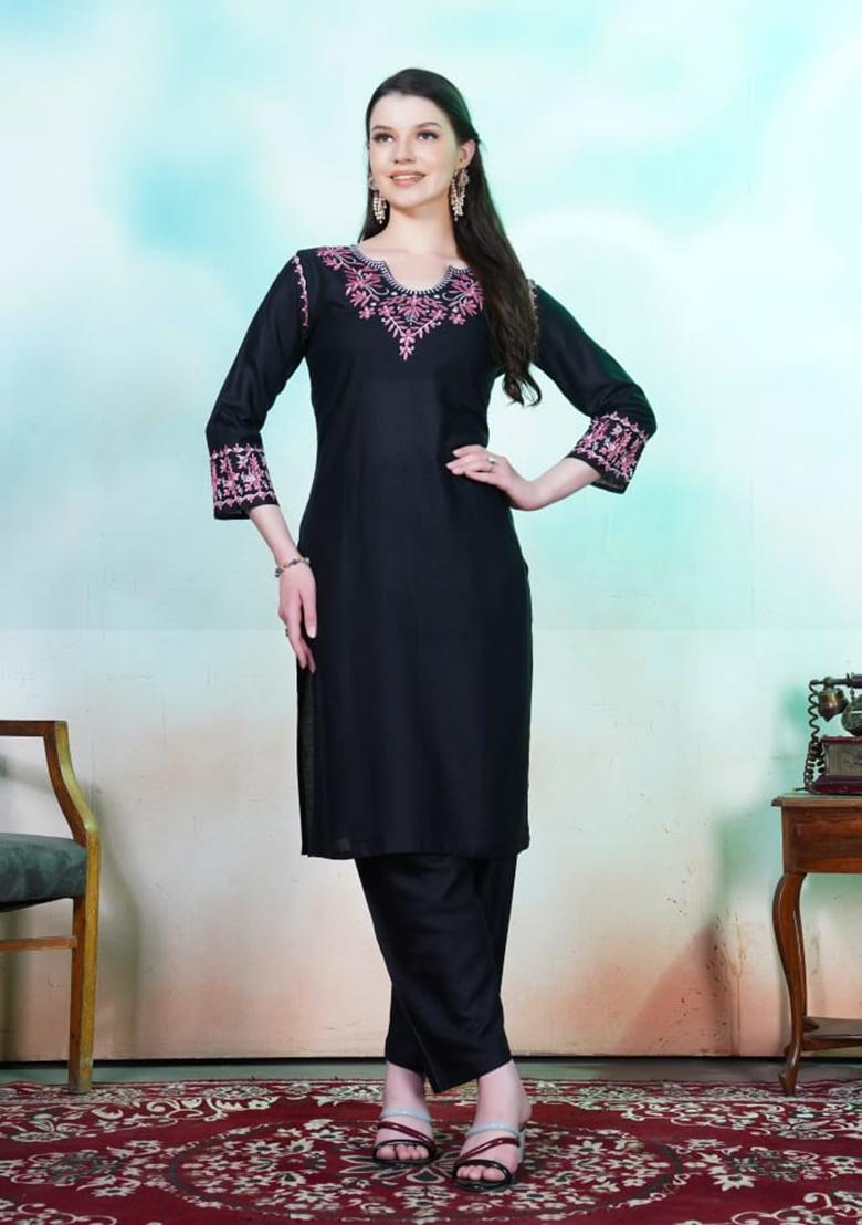 Black Embroidered Rayon Anarkali Set With Dupatta