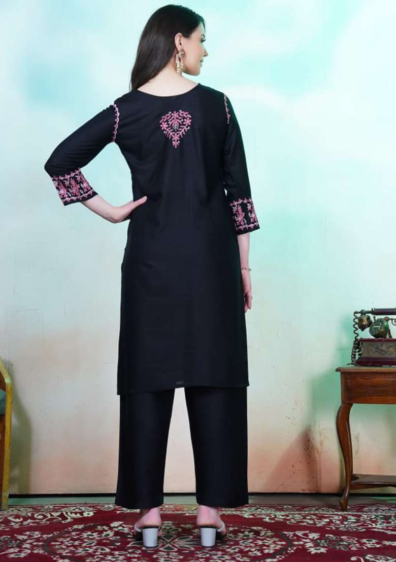 Black Embroidered Rayon Anarkali With Dupatta - Indya