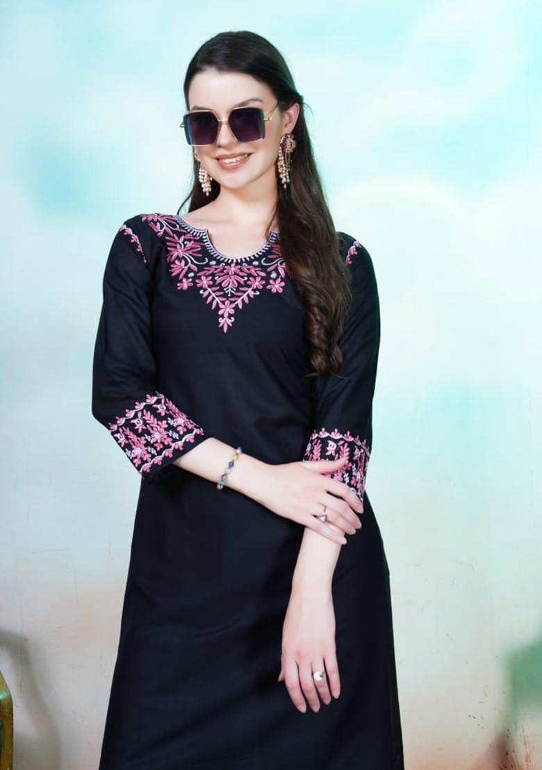 Black Embroidered Rayon Anarkali Set With Dupatta