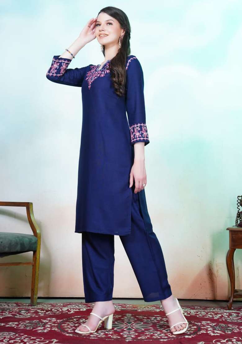 Blue Embroidered Rayon Anarkali With Dupatta - Indya