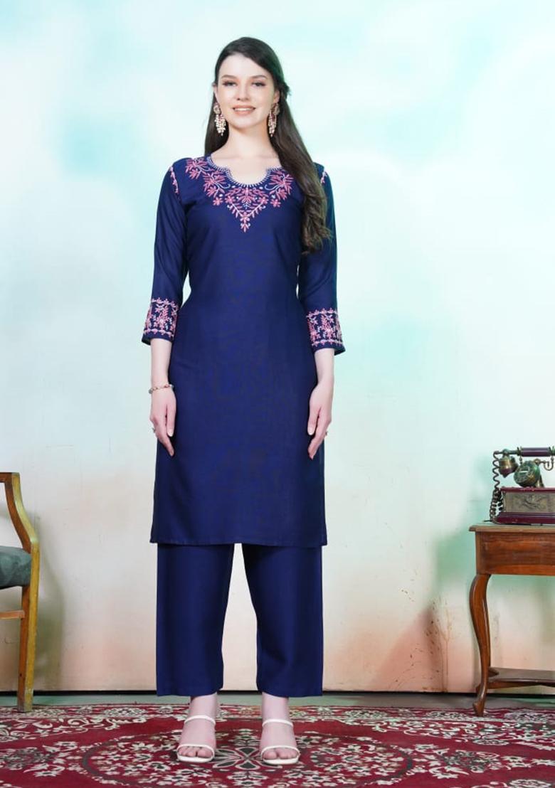 Blue Embroidered Rayon Anarkali Set With Dupatta