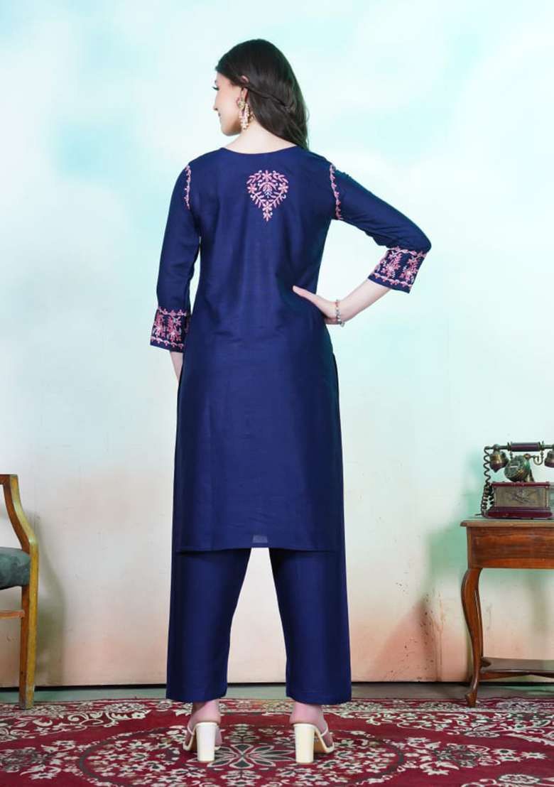 Blue Embroidered Rayon Anarkali With Dupatta - Indya