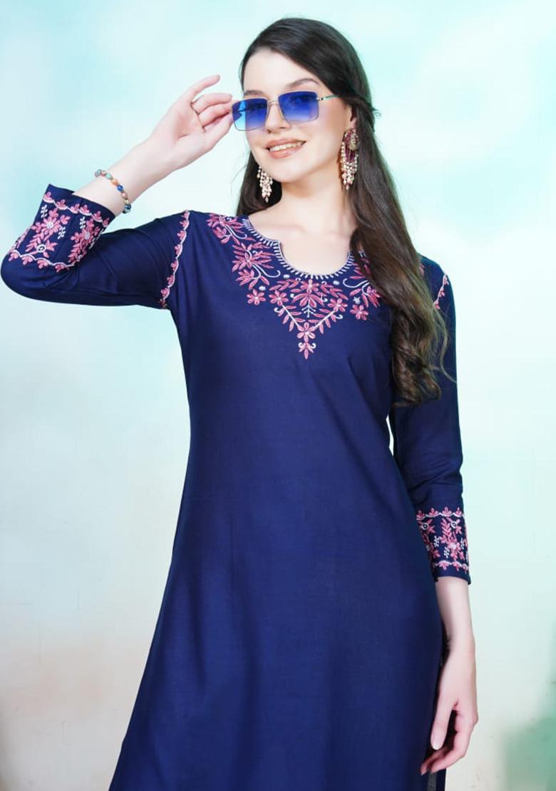 Blue Embroidered Rayon Anarkali Set With Dupatta