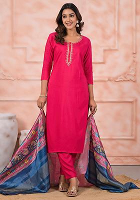 Pink Embroidered Viscose Salwar Kameez With Dupatta