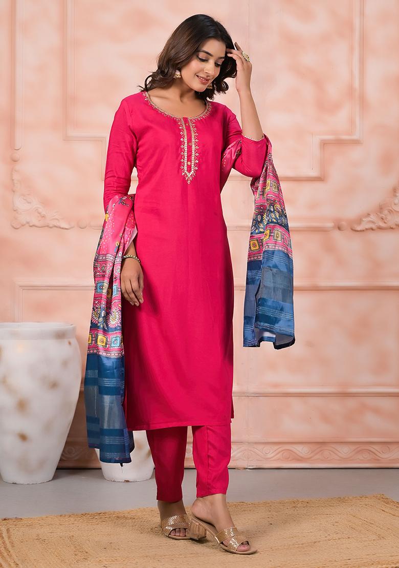 Pink Embroidered Viscose Salwar Kameez With Dupatta