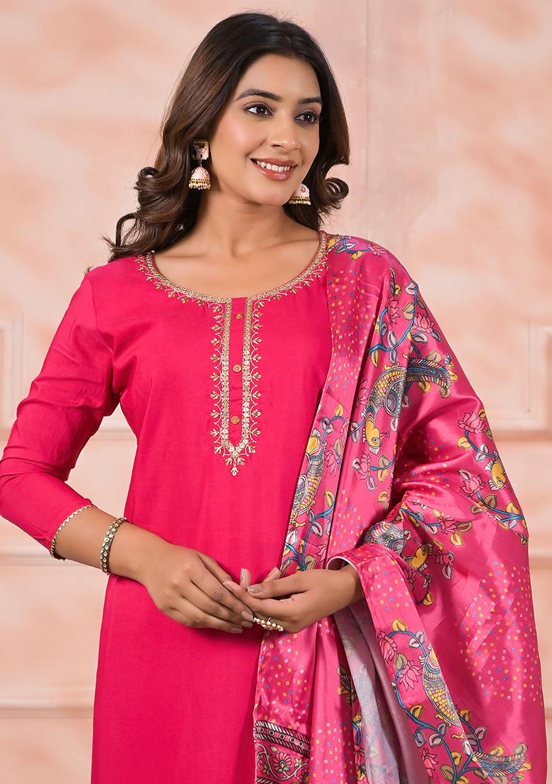 Pink Embroidered Viscose Salwar Kameez With Dupatta