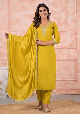 Mustard Embroidered Chanderi Salwar Kameez With Dupatta