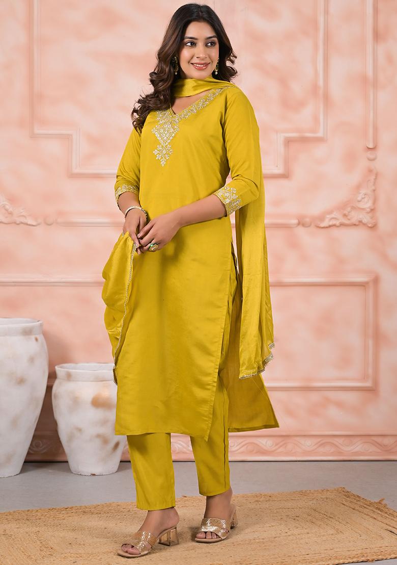 Mustard Embroidered Chanderi Salwar Kameez With Dupatta