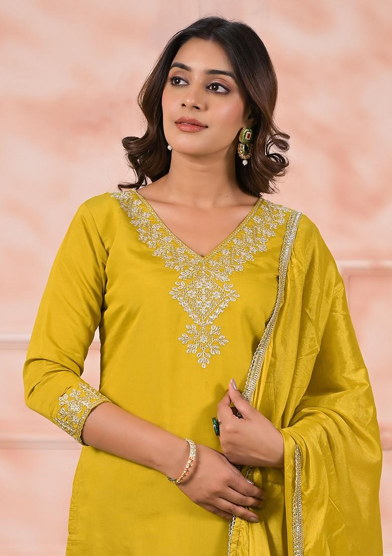 Mustard Embroidered Chanderi Salwar Kameez With Dupatta