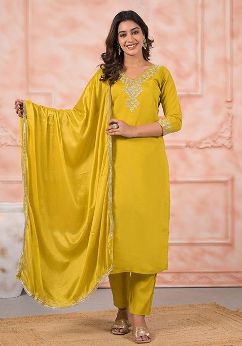 Mustard Embroidered Chanderi Salwar Kameez With Dupatta