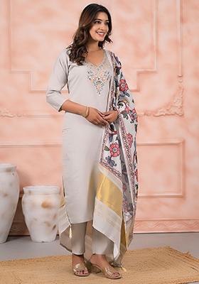 Off White Embroidered Viscose Salwar Kameez With Dupatta