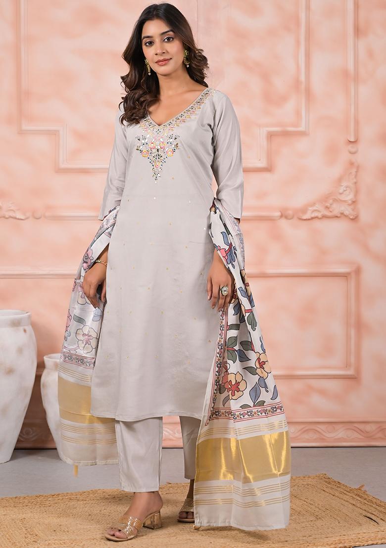 Off White Embroidered Viscose Salwar Kameez With Dupatta