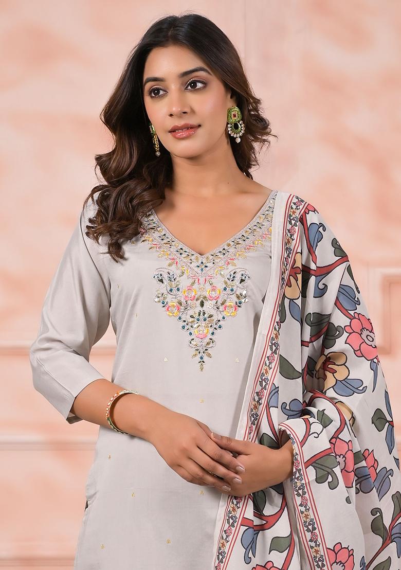 Off White Embroidered Viscose Salwar Kameez With Dupatta