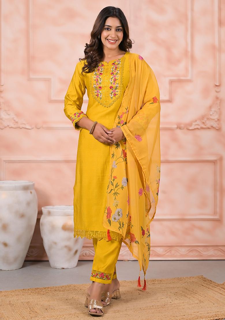 Yellow Embroidered Silk Salwar Kameez With Dupatta
