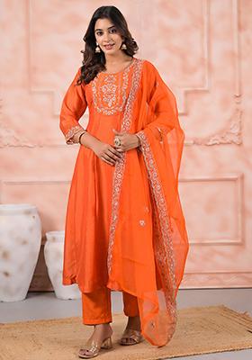 Orange Embroidered Silk Salwar Kameez With Dupatta