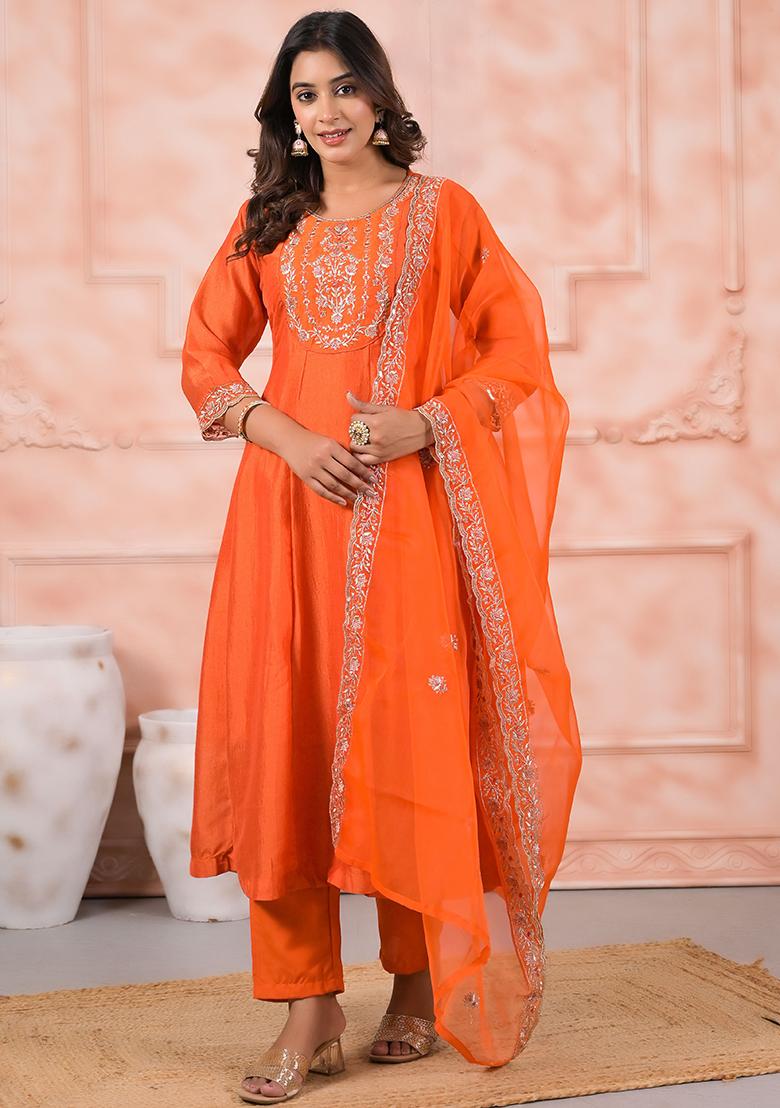 Orange Embroidered Silk Salwar Kameez With Dupatta