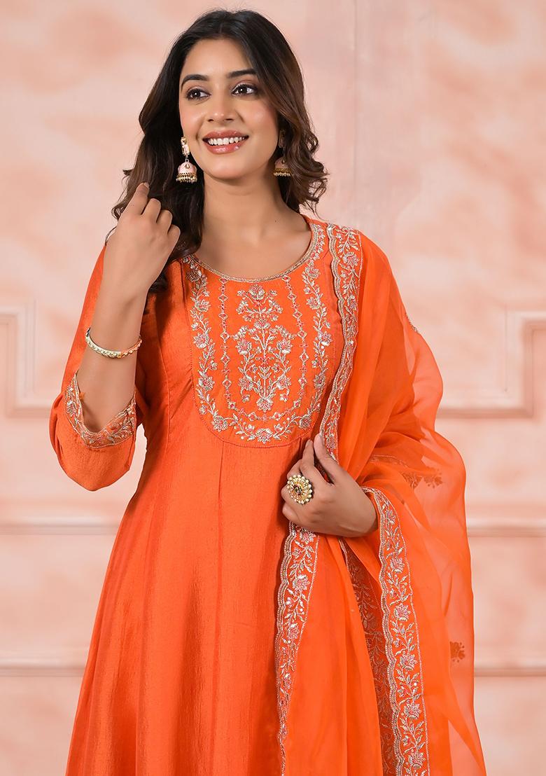 Orange Embroidered Silk Salwar Kameez With Dupatta