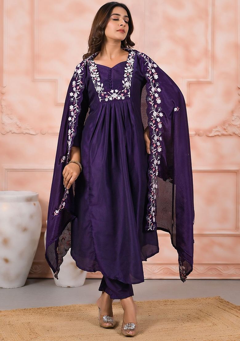 Lavender Embroidered Viscose Salwar Kameez With Dupatta