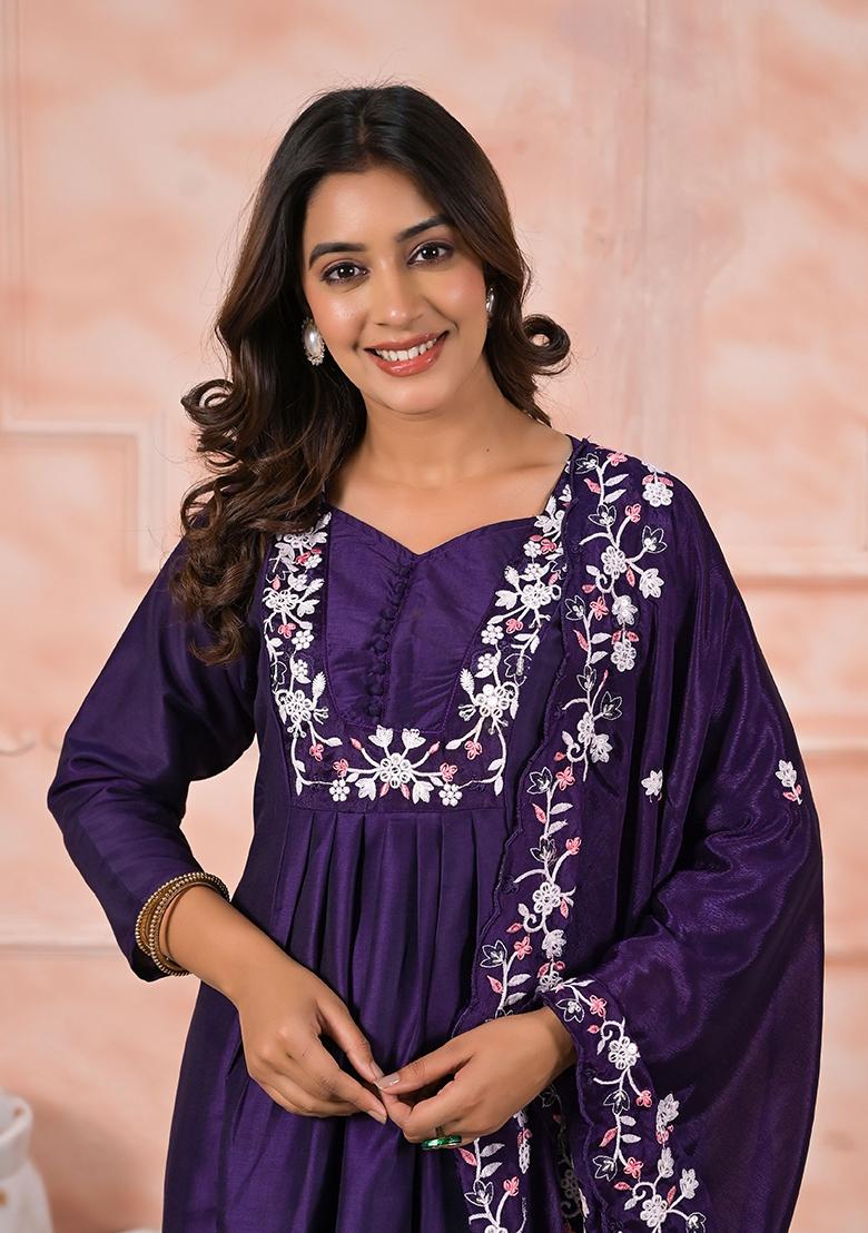 Lavender Embroidered Viscose Salwar Kameez With Dupatta